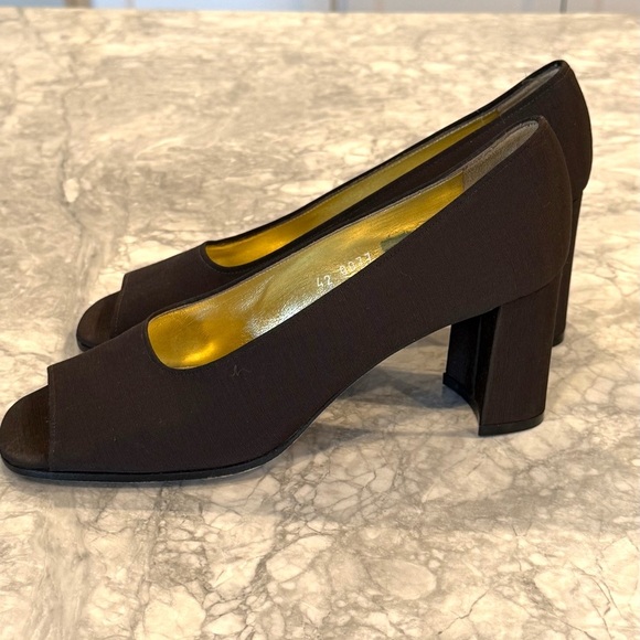Brown PANCALDI Italy Classic block Heels Pumps open toe neoprene Sz 8AA new - Picture 1 of 6